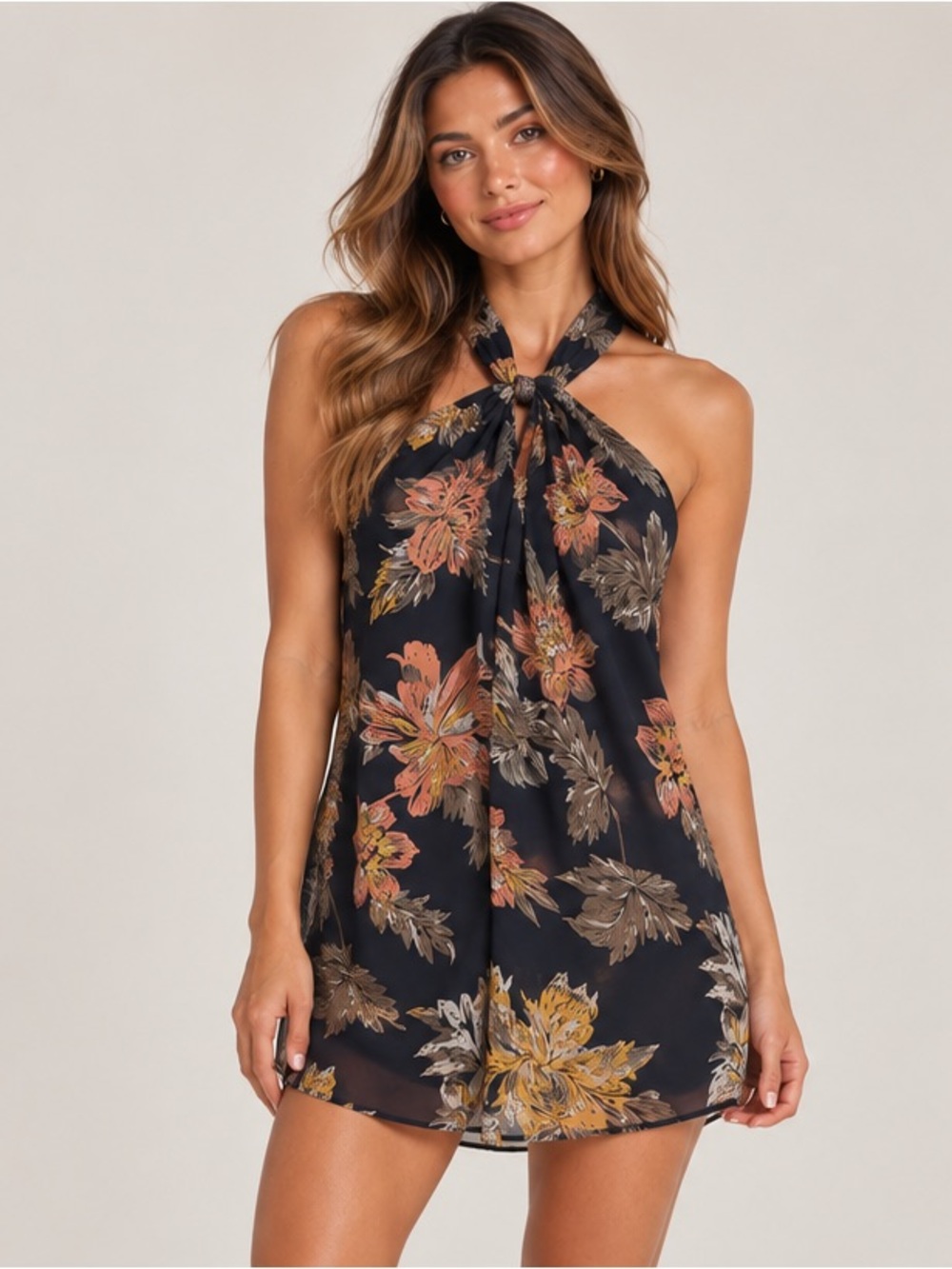 Astr Floral Halter Tie-Front Mini Dress - Black with Rust & Mustard Flowers